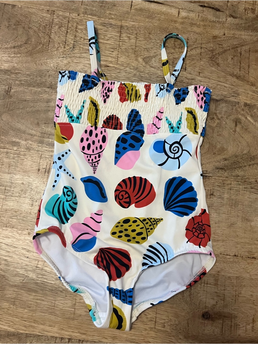 Hanna Andersson girls 120 6-7 White One-Piece Swimsuit Shell beach print